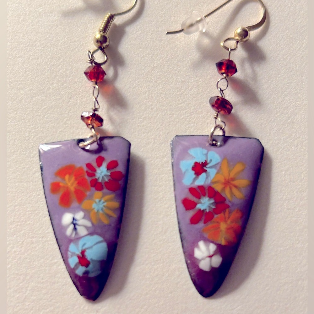 Earrings Artisan “Wild Flowers” blue, red, yellow, Copper Enamel handwired Garn